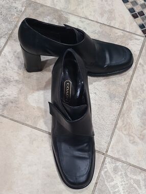 Coach Black Leather Women's Block Heel Slip-On Loafers 3" Heel